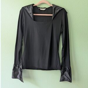 Rayure Paris Black Ribbed Satin Trim Square Neck Top‎ Made in France Joelle 751